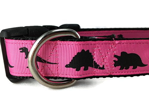 Dinosaur Dog Collar, Caninedesign, Green, T-Rex, Stegosaurus, Triceratops, 1 Inch Wide, Adjustable, Nylon, Medium And Large (Pink Medium 13-19')