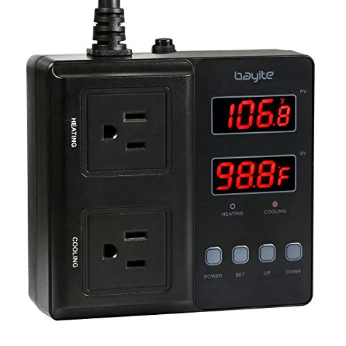 bayite Temperature Controller 1650W 15A BTC211 Dual Digital Outlet Thermostat Plug, Pre-Wired, 2 Stage Heating and Cooling Mode,