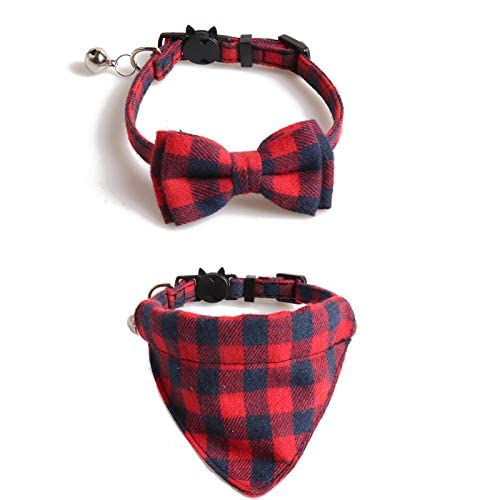 Imikoko 2 Pack of Bow Tie Cat Collar Bandana, Size Adjustable Plaid Cat Collars with Breakaway Bell - for Kitty Cats Puppy Dogs