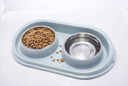 MXCELL Double Dog Cat Food Bowls, Stainless Steel Pet Bowls Dog Water Bowls with No-Spill and Non-Skid PP Station, Food Water Fe