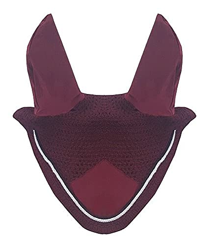 Horse Fly Bonnet Double Piping Ear Net Fly Veil Mask Breathable Cotton Crochet Horse Tack (Full, Burgundy/Maroon)