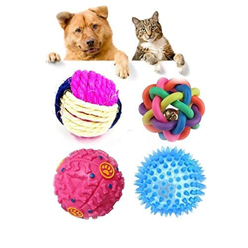 Woofy Dog Ball Combo  4 Toys Rainbow Ball, Led Ball, Sound Food Dispenser Ball And Sisal Dog Chew Toy