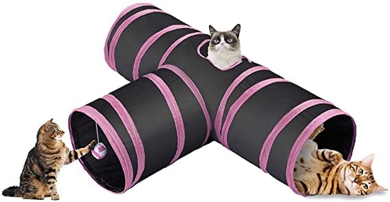 Dog Trust Joyful Cat Tunnel Toy 3 Way Collapsible For Indoor & Outdoor Play With Hanging Toy Ball For Cat, Rabbit, Guinea Pig (P