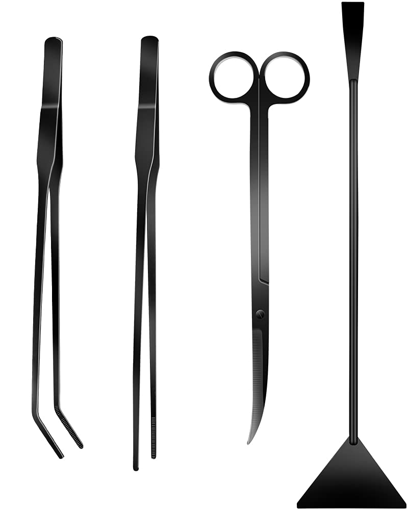 4Pcs Aquascaping Tools Kit, Long Stainless Steel Aquarium Plant Tools With Black Anti-Rust Coating, Aquarium Tweezers, Scissors, And Scrapers For Aquascaping Cleaning(Free Magnetic Tool Holder)