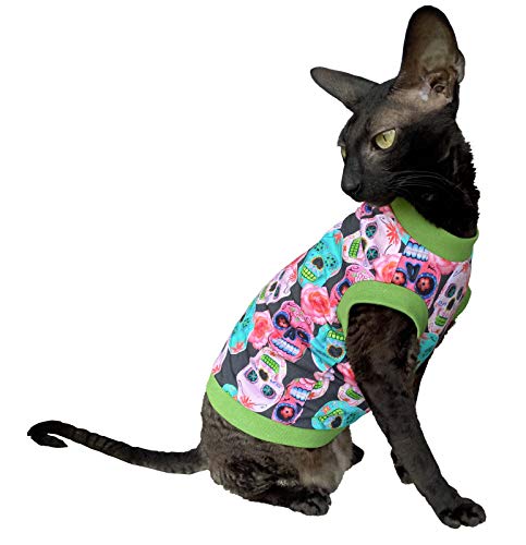 Kotomoda Hairless Cat'S Cotton Stretch T-Shirt Mexican Sculls For Sphynx Cats (Xs)