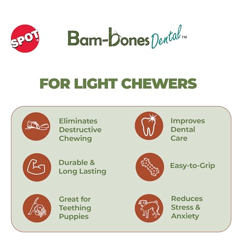 Spot Bam-Bones Dental X-Bone - Made With Bamboo Fiber And A Massaging Rubber Center To Keep Teeth Clean, Durable Oral Care Dog Chew For Light Chewers & Teething Puppies Under 25Lbs, 6In, Apple Flavor