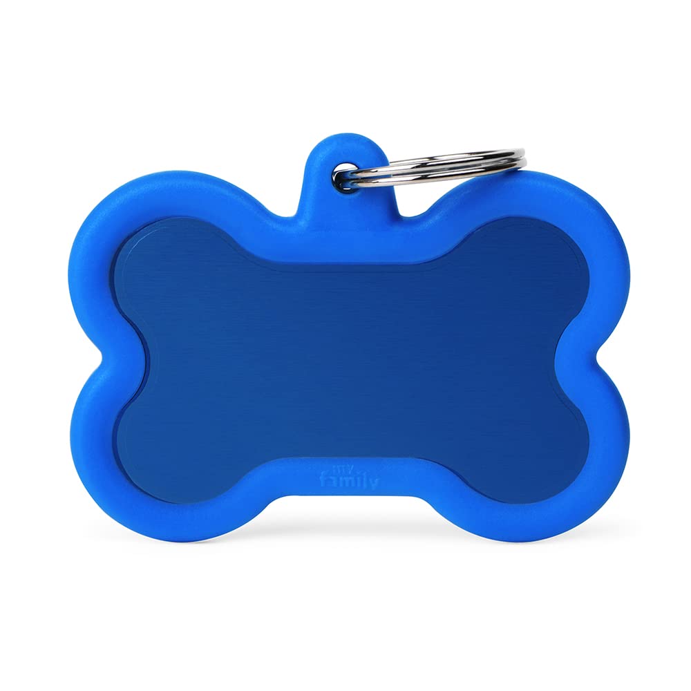 Myfamily Personalized Pet Id Tag Made In Italy, Blue Xl Bone, Free Engraving, Enamelled Aluminum And Rubber, Hushtag Collection