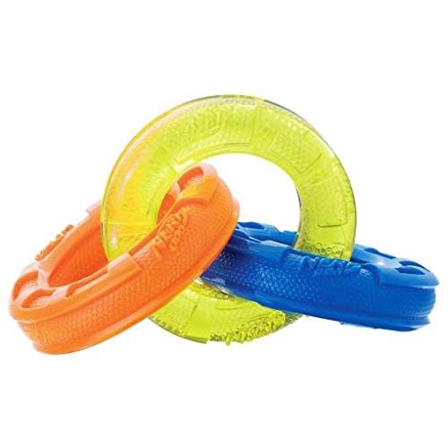 Nerf Dog 7.5In Rubber 3-Ring Tug Dog Toy, Lightweight, Durable And Water Resistant Dog Toy For Small Dogs, Single Unit, Blue/Green/Orange