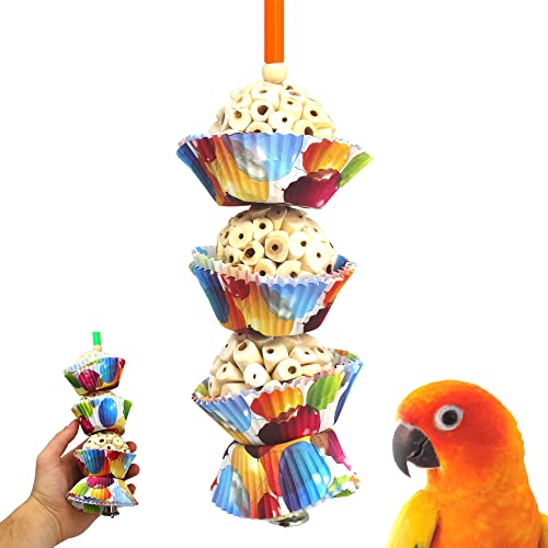Bonka Bird Toys 1931 Three Cake, 11.75' Hanging Bird Toy With Sola Balls, Cupcake Cups, Wooden Beads, Bell, And Straw, Chewable And Shreddable, Safe For Parrots, And Small Birds