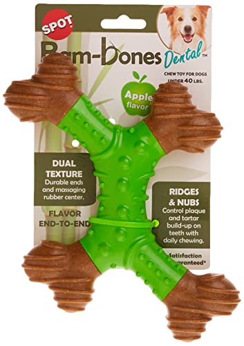 Spot Bam-Bones Dental X-Bone - Made With Bamboo Fiber And A Massaging Rubber Center To Keep Teeth Clean, Durable Oral Care Dog Chew For Light Chewers & Teething Puppies Under 40Lbs, 8In, Apple Flavor