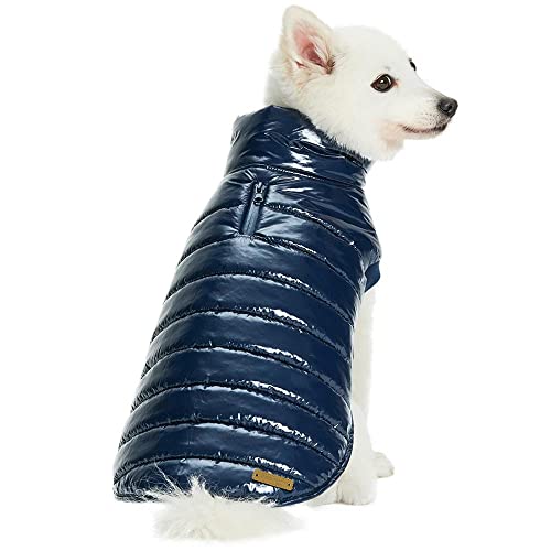 Blueberry Pet Cozy & Comfy Windproof Lightweight Quilted Fall Winter Glossy Dog Puffer Jacket In Navy Blue, Back Length 17', Size 16, Warm Coat For Large Dogs