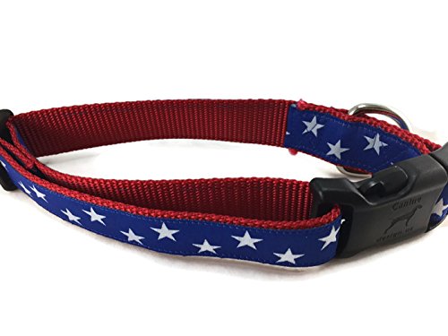 Caninedesign American Dog Collar, Stars, Red, Blue, 1 Inch Wide, Adjustable, Plastic Buckle, Quick Release, Medium And Large (Bl