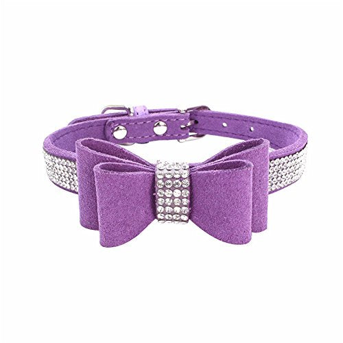 Bow Tie Puppy Dog Collar With Rhinestone, Bling Crystal Pretty Diamond Jewel Girls Cat Collars For Xxs Xs Small Medium Large Breed Pet Dogs Female Kitten, Dark Purple L