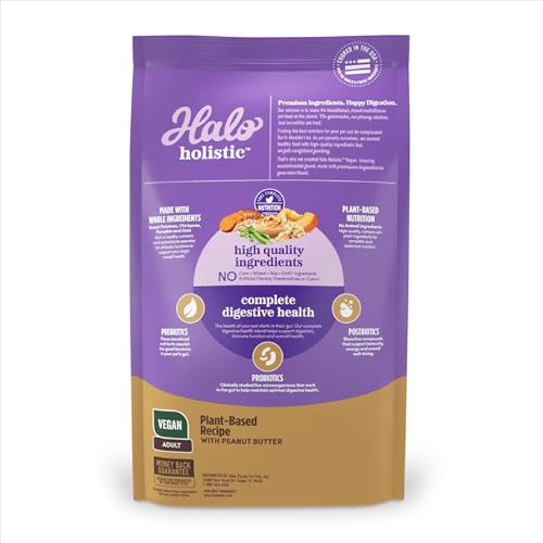 Halo Holistic Vegan Dog Food, Plant-Based Peanut Butter Recipe, Dry Dog Food, Complete Digestive Health, Kibble for Adult Dogs,