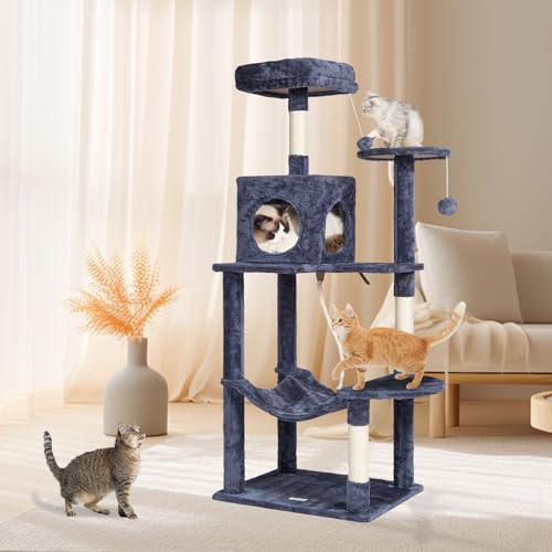 VEVOR Cat Tree 56.2 Cat Tower with Cat Condo Sisal Scratching Post Dark Grey