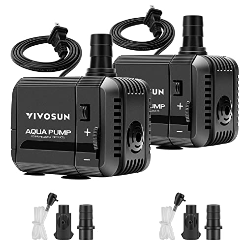 Vivosun 2-Pack 210Gph Submersible Pump(800L/H, 8W), Ultra Quiet Water Pump With 3.3Ft High Lift, Fountain Pump With 5Ft Power Cord, 2 Nozzles For Fish Tank, Pond, Aquarium, Statuary, Hydroponics