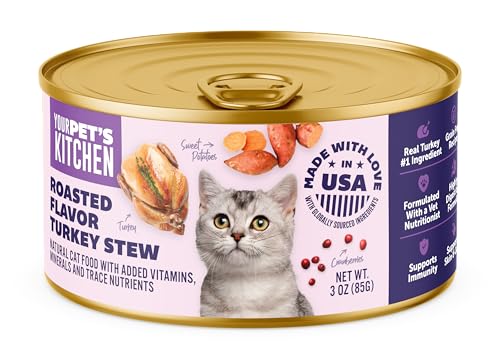 Your Pets Kitchen Canned Wet Cat Food, Roasted Flavor Turkey Stew - 3 oz Cans (Pack of 24), Made in The USA with Real Turkey