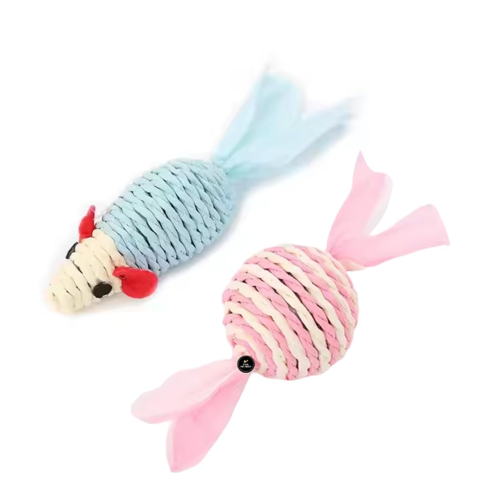 Psk Pet Mart Interactive Cat Toys Set | Durable Mouse & Ball Toy With Rope Tail | Natural Material Chew Toys For Indoor Cats & K