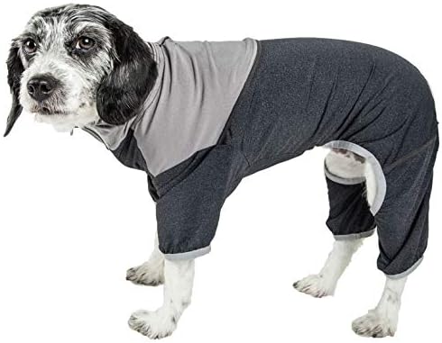 Pet Life  Active Embarker Heathered Performance 4Way Stretch Twotoned Full Body Warm Up, Black/Grey  Xsmall