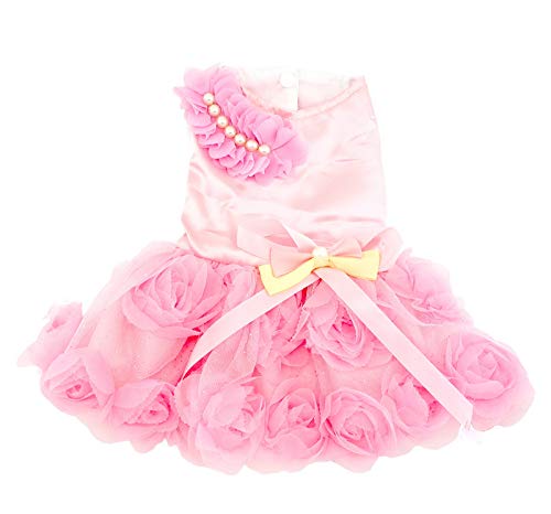 Paideful Pet Dress For Small Dog Girls Luxury Puppy Wedding Dress Rose Flower Lace Tutu Skirt Silky Bow Birthday Party Dog Clothes,Pink,Size Xs