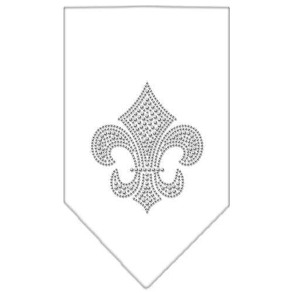Pet and Dog Bandana Rhinestone, "Silver Fleur De Lis" White Large