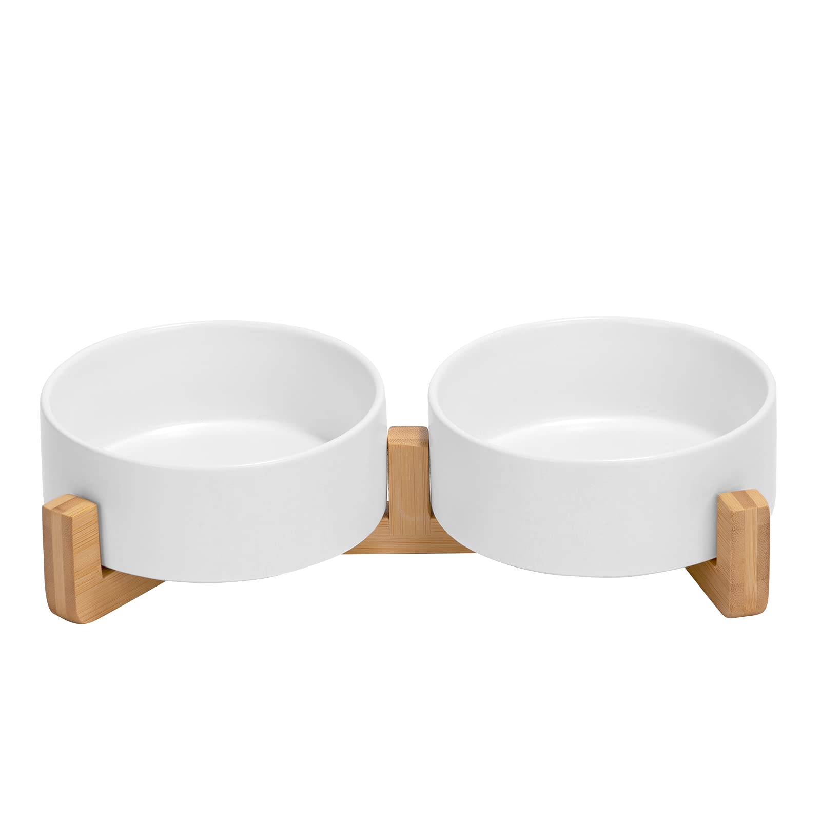 SPUNKYJUNKY Ceramic Dog and Cat Bowl with Wood Stand Non-Slip Matte Glaze Weighted Food Water Set for Cats &Small Dogs 13.5 OZ