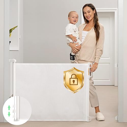 Momcozy Retractable Baby Gate - 33" Tall, 55" Wide Mesh Safety Gate for Indoor/Outdoor Use, White, Model USVC-AM07-W