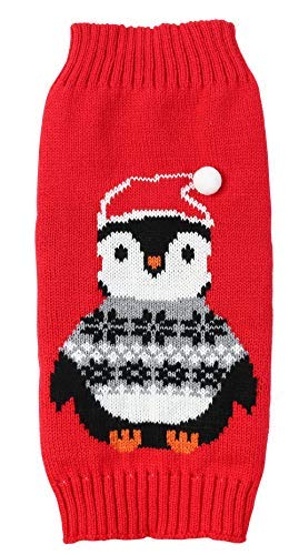 Penguin Red Holiday Festive Christmas Dog Sweater For Dogs, Medium M Back Length 13'