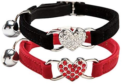Chukchi Pink Soft Velvet Safe Cat Adjustable Collar With Crystal Heart Charm And Bells 8-11 Inches(Black+Red)