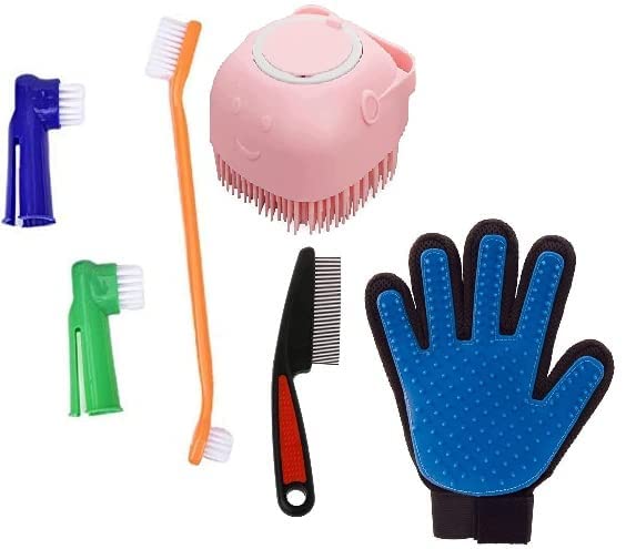 Psk Pet Mart Dog Grooming Kit Shampoo Brush 5 Finger Glove Teeth Brushh Set Flea Flean Comb Colour May Very (Pack Of 6)
