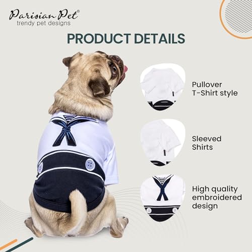 Parisian Pet Dog Shirt - Embroidered Sailor Dog Costume - 100% Cotton And Polyester Pet Clothes - Sleeved Halloween Outfit - Blue And White Dog Costumes For Large Dogs - Halloween Pet Costume - Xl