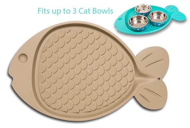 Loving Pets Bella Spill-Proof Fish-Shaped Mat For Cats, Tan