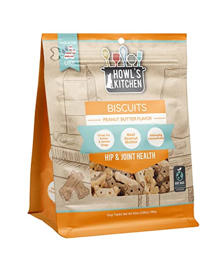Howls Kitchen Biscuits, 12 oz Bag, 1 Count, Peanut Butter Flavor, Hip and Joint Formula, Rawhide Free, Soft and Chewy Dog Treat