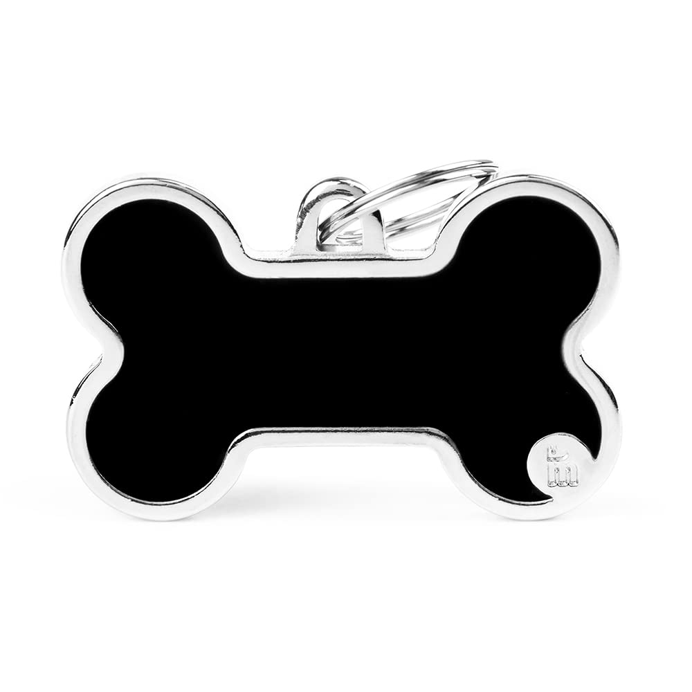 Myfamily Personalized Pet Id Tag Made In Italy, Black Xl Bone, Free Engraving, Hand Enamelled In Metal, Basic Handmade Collectio