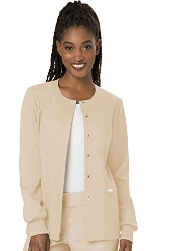 Snap Front Scrub Jackets for Women, Workwear Revolution Soft Stretch WW310, L, Khaki