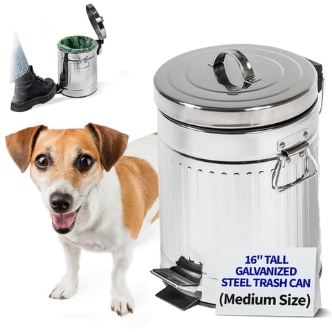 Pet Fit For Life 16 Tall Galvanized Steel Trash Can - Features Step Foot Pedal, Lid Lift - Plastic Inner Lining & Custom Liner