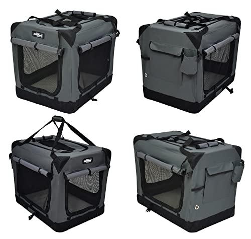 Elitefield 4-Door Folding Soft Dog Crate With Curtains, Carrying Bag And Fleece Bed (2 Year Warranty), Indoor & Outdoor Pet Home (30' L X 21' W X 24' H, Gray+4 Door Curtains)
