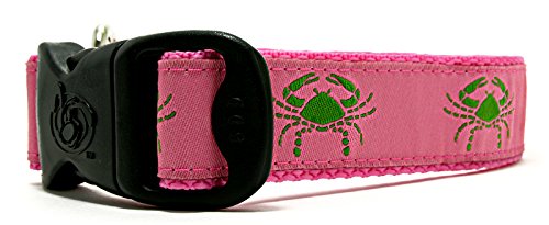 3 Dirty Dawgz Adjustable 1' Preppy Summer Nautical Crab Dog Collars For Medium Large And X-Large Dogs (Large 1' (17'-27' Neck), Green Crabs On Pink)