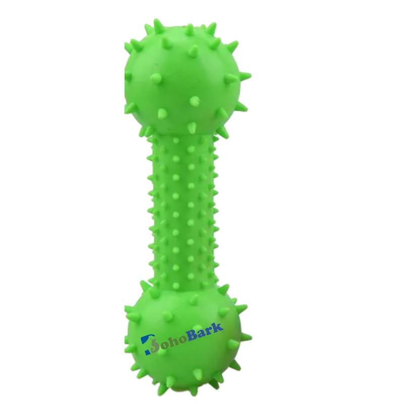 Bohobark 100% Non Toxic Rubber Flavored Puppy Toy Soft Spike Dumbbell With Bell Chew Toy Teething Toy (Soft Spike Dumbbell,(Gree