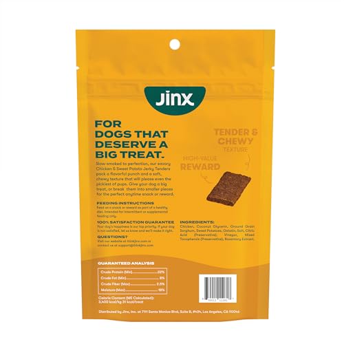 Jinx Tenders Chicken Jerky Dog Treats, All Natural Ingredients, Soft & Chewy, Low-Calorie, Slow-Smoked Chicken & Sweet Potato, N