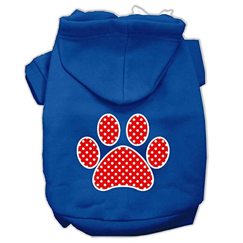 Pet Dog & Cat Hoodie Screen Printed, 'Red Swiss Dots Paw' Blue Xs (0-3 Lbs.)