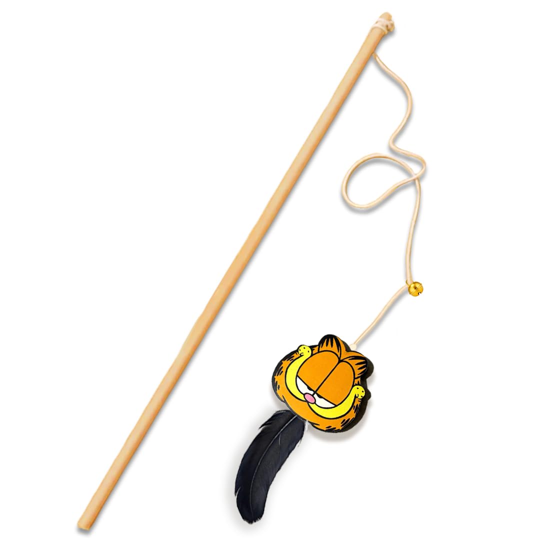 Mutt Of Course Garfield Cat Stick Toy | Interactive Wand Toy For Cats & Kittens | Wooden Teaser Stick With Hanging Toy & Feather