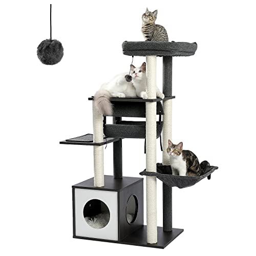 Pequlti 51.4 Inches Modern Cat Tree Premium 6 Levels Wooden Cat Tower With Fully Sisal Covered Scratching Posts, Cozy Condo, Spa
