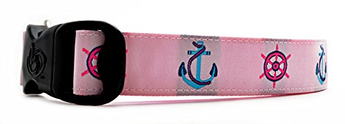 3 Dirty Dawgz Adjustable 1' Preppy Pink Anchor Sailing Nautical Dog Collars For Medium Large And X-Large Dogs (Medium 1' (14'-22' Neck))