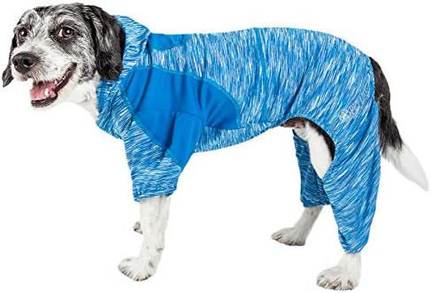 Pet Life  Active Downward Dog Heathered Performance 4Way Stretch Twotoned Full Body Warm Up Hoodie, Blue  Xsmall