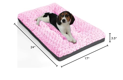 Pocblue Deluxe Washable Dog Bed For Small Dogs Dog Crate Mat 24 Inch Comfy Fluffy Kennel Pad Anti-Slip For Dogs Up To 25 Lbs, 24' X 17', Pink