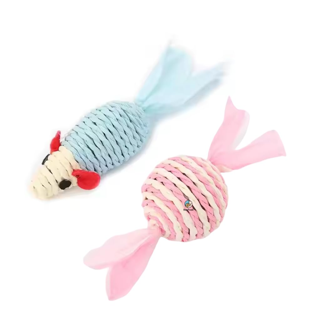 Dog Trust Interactive Cat Toys Set Of 2 | Durable Mouse & Ball Toy With Rope Tail | Natural Material Chew Toys For Indoor Cats &