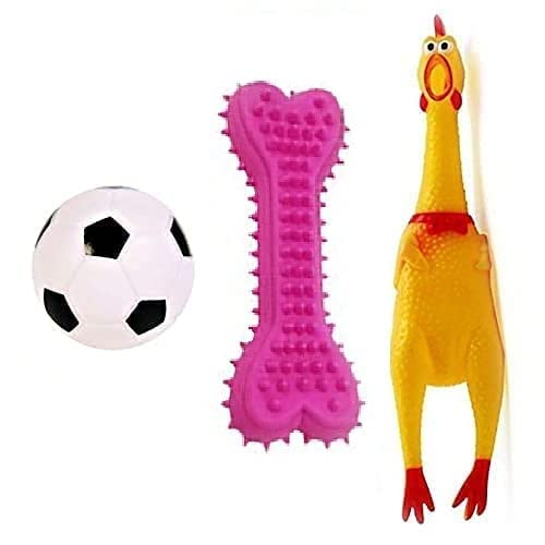 Woofy Dog & Puppy Rubber Chew Toys Combo Football, Silicon Dumbbell, Squeaky Chicken Small  Combo Of  3