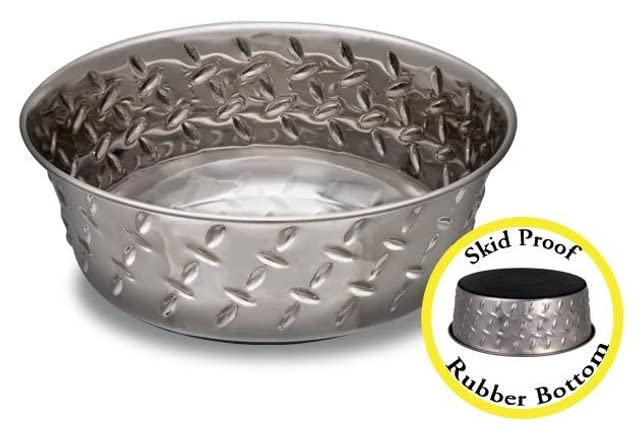 Loving Pets Diamond Plated Dog Bowl With Non-Skid Bottom, 1-Quart, Silver