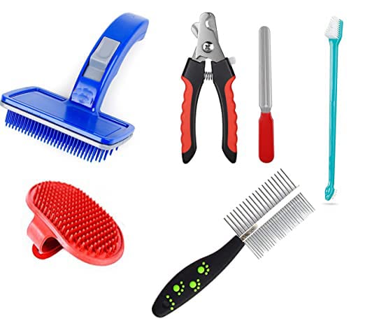 Bohobark 6 In 1 Dog Grooming Kit Bath Brush  Toothbrush, Double Side Comb, Nail Cutter, Nail Filler & Pet Self Cleaning Slicker